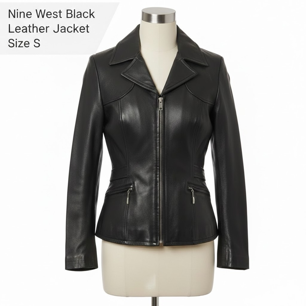 Genuine Leather Black Jacket Adjustable Buckles Zippered Pockets Moto Nine West